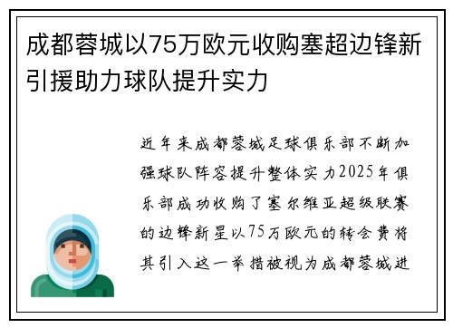 成都蓉城以75万欧元收购塞超边锋新引援助力球队提升实力